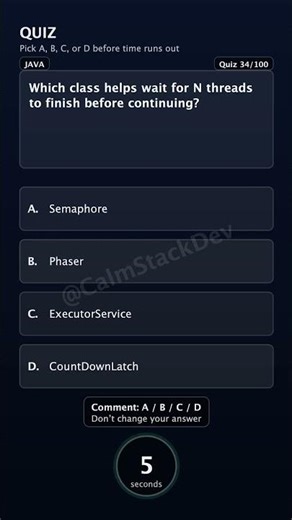 Quiz - 034 | Which class helps wait for N threads to finish before continuing? | #shorts #java #quiz