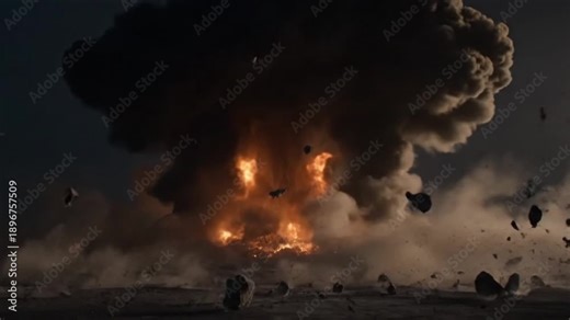 Dramatic triple mushroom cloud explosions in the dark intense blasts with fire and smoke