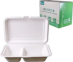 Greensoil 9x6 Compostable Clamshell Take Out Containers - 2-Compartment 100 Pack, Heavy Duty Microwavable Salad Container for Lunch, Biodegradable, BPI Certified for Food Trucks, Families, Schools