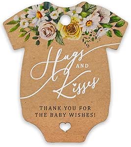 Summer-Ray 50pcs Onesie Hugs & Kisses Floral-Themed Baby Shower Favor Tags (Kraft Brown)