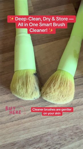 Say goodbye to dirty brushes and streaky makeup! This 3-in-1 automatic brush cleaner washes, dries and stores your brushes in one sleek device — no more soaking, squeezing or waiting overnight. Why everyone loves it: \t•\t🧼 Thorough Clean – Spins your brushes for a quick, even clean with your normal brush shampoo. \t•\t💨 Fast Drying – Built-in drying system so your brushes are ready to use again sooner. \t•\t🌫️ Dust-Free Storage – Pop the lid back on to keep brushes protected between uses. \t