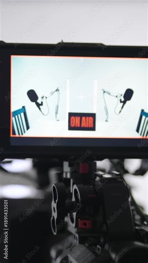 Camera recording white podcast studio with led tubes zoom out of monitor