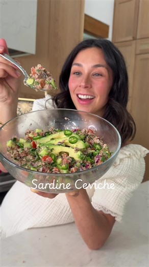 SARDINE CEVICHE 🐟🍋High-protein, omega-3 rich, and one of the most nutrient-dense lunches you can make. 5 minutes. No cooking. SAVE for later! #sardines #sardine #sardineceviche #ceviche Ingredients: • sardines • lime • red onion • tomato • cucumber • serrano • cilantro • sea salt pepper Why sardines are a superfood: • rich in omega-3s • ~20g protein per serving • packed with calcium selenium • amazing for brain, heart, and skin health