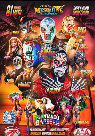 🔥 Houston… vuelve la adrenalina, las máscaras y el espectáculo a Club Mesquite 🤼‍♂️ 🎟 Preventa disponible en el club hoy de 5pm a 9pm y en línea por Ticketon.com https://ticketon.com/events/plantando-bandera-houston-tx-2026-05-31-drh5qbmhura7 Informes:346-777-5510