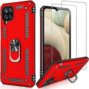 LUMARKE Galaxy A12 Case with Screen Protector,Military Grade Pass 16ft Drop Test Shockproof Heavy Duty Protective Phone Case with Kickstand for Samsung Galaxy A12 6.5" Red