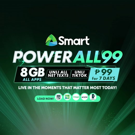 2.1K views · 1.2K reactions | Live in the moments that matter most with Smart Power All 99! Get 8 GB of all-access power, Unli TikTok, and Unli Text to All for P99. Load now through the GigaLife App, Maya, and other mobile wallets, dialing *123# or at your nearest retailer: https://smrt.ph/powerall2fb | Smart Communications, Inc. | Facebook