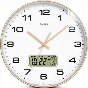 TIMESS 12" Analog Wall Clock with Date Display, Battery Operated Modern Clock for Living Room (Gold)