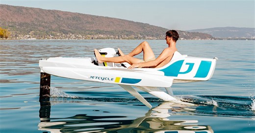 electric jetcycle adds carbon-fiber hydrofoils to boat so riders can pedal above the water