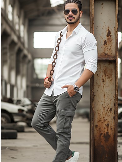 New Trending Ai image With Gemini 🤗 Ultra-realistic, High-Definition Photography, 8K, cinematic fashion portrait, urban style. A handsome young man posing confidently in an abandoned industrial setting. ​Subject Description: He has styled hair, wears dark sunglasses, and has a self-assured expression. He is holding a thick, rusty metal chain as part of his pose. ​Attire: He is dressed in a crisp white sleeve-rolled button-up shirt, grey cargo pants, and clean white leather sneakers. He wears a 