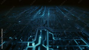 Video animation of close up view of a digital circuit board with an intricate pattern of lines and pathways that resemble electronic circuits