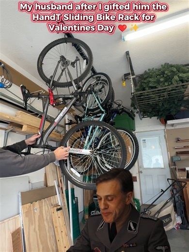 My husband after I gifted him the HandT Sliding Bike Rack for Valentines Day ❤️✨ #HandT#SlidingBikeRack#GarageGoals#GarageReset#HomeImprovement#BikeStorage#ValentinesDay