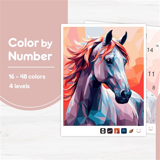 Horse With Red Mane - Color by Number - Digital & Printable - 4 Levels - Etsy