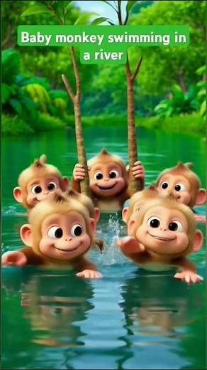 Baby Monkeys Swimming in the River 🐒💦 | Cute Jungle Adventure Story