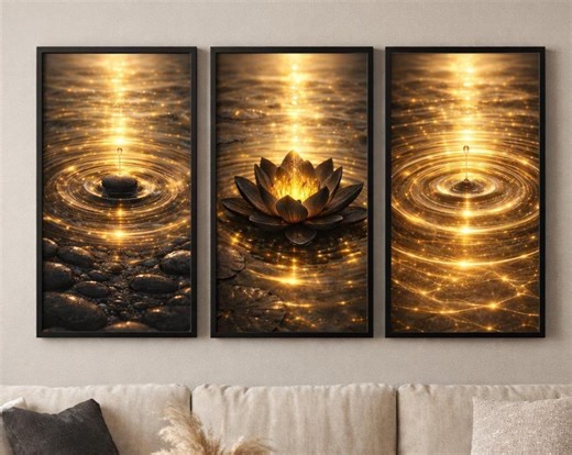 Gold Prints | Rippling Water Art | Water Ripple | Lotus Art | Spa Gifts | Set of 3 | Zen Wall Art | Illuminated Art | Water Reflection Art - Etsy