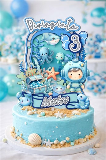 Under the Sea Birthday Cake Topper Boy Ocean Theme Cake Topper Personalized Diving Cake Topper Shark Octopus Turtle Party Decor Boy birthday