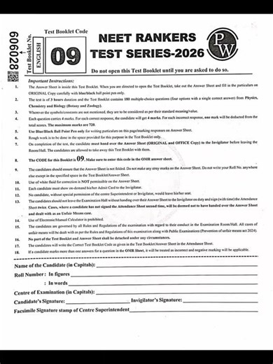 NEET Rankers Test Series 2026 | PW Test Booklet Code 9 Full Instructions & Guidelines!
