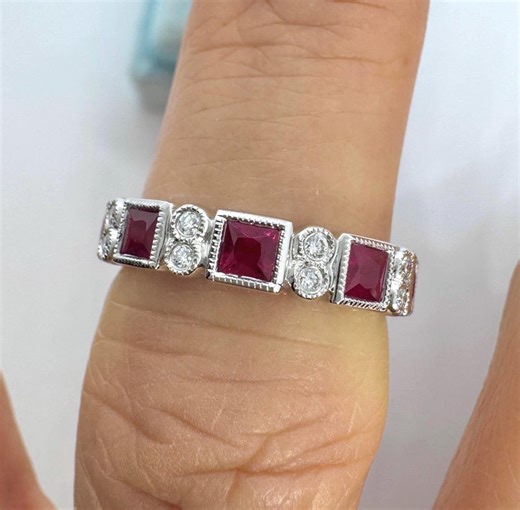 Ruby and Diamond Ring, Ruby Wedding Band, Bezel Set Ruby and Diamond Band Ring White Gold, Ruby Stackable Ring Art Deco Antique - Etsy