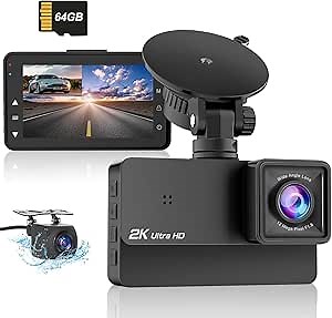 Dash Cam Front and Rear 2K+1080P Car Camera, 3Inch Screen Dash Camera for Cars, Dash cams with 64GB Card, Enhanced Night Vision, 170°Wide Angle, G-Sensor, 24H Parking Mode