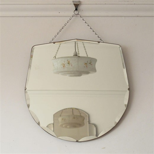 Art Deco Frameless Bevelled Mirror. Shield Shape With Deep Bevel and Shell Clips. Ready to Hang on New Chain. - Etsy
