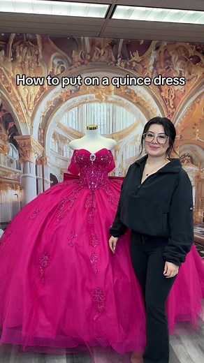 How to put on a quince dress! 💖 Let us know what kind of tips you need for your quince🥰✨ #laeleganteboutique #quinceañera #quince #fyp #quincedress