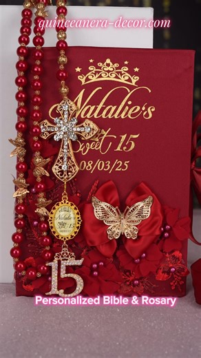 Quinceañera Packages | Sweet 16 Decorations on Instagram: "This burgundy with gold quinceanera bible and rosary set is absolutely stunning! 📖✨ Beautifully personalized with your name and date, this handcrafted set adds such a meaningful touch to your church ceremony and becomes a cherished keepsake forever 💕🙏 The rich burgundy paired with elegant gold details creates a luxurious look that's perfect for your spiritual moment. We can customize it with any color or text you want, making it uniqu
