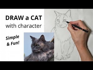 How to Draw a Cat with Character - sitting pretty front view - long haired - easy beginner tutorial