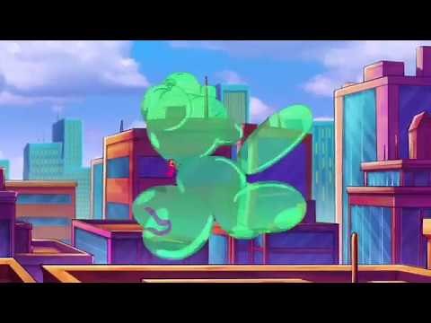 (Inflation scene from cartoon) Starfire pops balloon animals