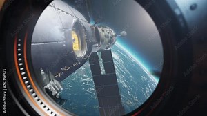Debris damages a space station in space, a space debris-themed animation with a first-person view