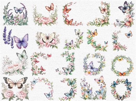 Spring Butterfly Border Clipart Floral Wreath Png Transparent Background Pastel Flower Frame Wedding Invitation Art Instant Digital Download - Etsy