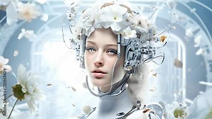 Animation of a beautiful female white android head. Robotic and artificial intelligence concept.