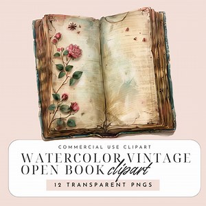 Watercolor Vintage Open Book Clipart – 12 Pngs | Antique Book Illustrations | Junk Journal and Scrapbook Graphics | 300 DPI Transparent Pngs - Etsy