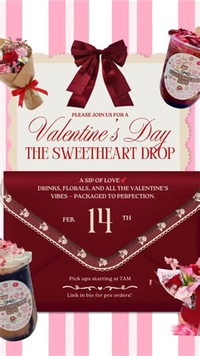 Sweetheart Sips on Instagram: "THE SWEETHEART DROP 💘 Our Valentine’s Drink & Floral Experience is officially here ✨ Choose from lattes, dirty sodas, lemonades, matcha, or chai — each order comes beautifully packaged and ready to gift 💌 💖 What’s included: • One iced specialty drink in a 16oz reusable heart-shaped cup (iced drinks only) • Hot drink option available in a standard 16oz hot cup • A petite Valentine’s floral arrangement • Drink + florals presented in a festive carrier, finished wit