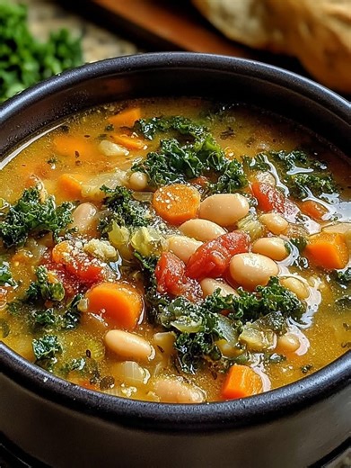 TUSCAN WHITE BEAN & KALE SOUP 🥣🌿🍞 📋 Ingredients: 3 cans (15 ounces each) cannellini beans, drained and rinsed 1 yellow onion, finely chopped 4 garlic cloves, minced 2 tablespoons olive oil 2 large carrots, peeled and chopped 1 stalk celery, diced 2 cups chopped kale (stems removed, finely chopped) 2 ½ to 4 cups vegetable or chicken broth (adjust to desired consistency) 1 tablespoon tomato paste 1 teaspoon salt (or to taste) ¼ teaspoon black pepper (or to taste) ¼ teaspoon red pepper flakes (