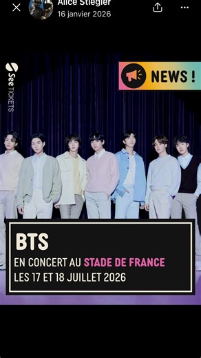 SAVE THE DATE! Le BTS WORLD TOUR arrive officiellement au Stade de France les vendredi 17 et samedi 18 juillet 2026 ! Mise en vente générale le samedi 24 janvier à 15h 🔥 #방탄소년단 #BTS #BTS_WORLDTOUR #BTS_WORLDTOUR_CITY #BTS_WORLDTOUR_EUROPE | See Tickets France