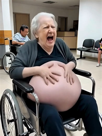 Suddenly… her belly starts inflating like a balloon 😳🎈 No one in the room understands what’s happening. It keeps growing… and growing… How far will it go? The entire waiting room is frozen in shock. #BigBelly #Grandma #WaitingRoom #Wheelchair