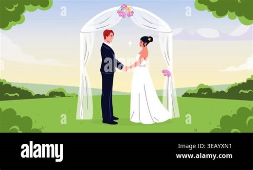 Wedding ceremony concept. Moving banner with man in black suit and woman in white dress in floral arch. Bride and groom at marriage ceremony. Flat graphic human made animated cartoon Stock Video Footage - Alamy