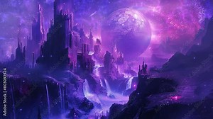 Fantasy shattered purple landscape with purple land, Digital art. Fantasy landscape, intense color. Fantasy landscape animation. Loop for epic music video.