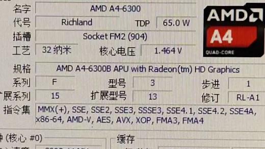 AMD A4-6300处理器默频状态下性能参数和CPU-Z测试得分。