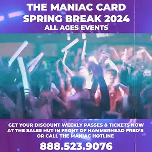 Get ready to have the Spring Break of your life in Panama City Beach FL. Get your Maniac pass now for FREE entry into all the wildest theme parties including Foam, Neon Glow, Pardi Gras, + Glow Paint!! These are all ages events!!! Come to the sales center in front of of Hammerhead Fred’s to get your card for the week or individual event tickets. Call our hotline for additional info 8885239076 | MyrtleManiac Card • Spring Break/Senior Week Party Program | Facebook