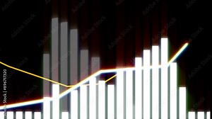 Stock market, lines and bar graph on black background for growth, economic inflation, rates and financial expansion. Price increase, digital and chart information for cost, stats and profit trend.