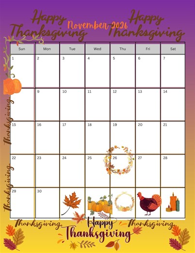 November 2026 Calendar Printable, Autumn Thanksgiving Planner (PDF Download) - Etsy