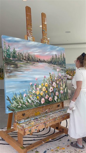 Painting “I see you in the sky” lake, trees & flowers with Giselle Denis Fine Artist