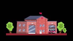 Download Fire station building with a red roof and a fire truck animation for free
