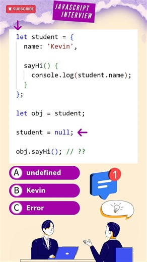 Code Chronicles Hub on Instagram: "🤯 JavaScript Object Mystery! #javascriptinterview What will happen when you call a method on an object assigned to another variable, after setting the original object to null? 🤔 I'll break down the seemingly confusing behavior and explain the importance of this. Get ready to level up your JavaScript knowledge! #object #null #js #es6 #this"