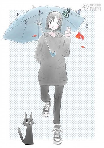 猫と傘をさす女の子 #女の子 #イラスト #デジタル