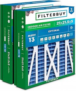 Filterbuy 21x21.5x5 Air Filter MERV 13 Optimal Smoke & Allergy Defense (2-Pack), Pleated HVAC AC Furnace Filters for Trane Perfect Fit & American Standard (Actual Size: 20.00 x 21.09 x 4.97)