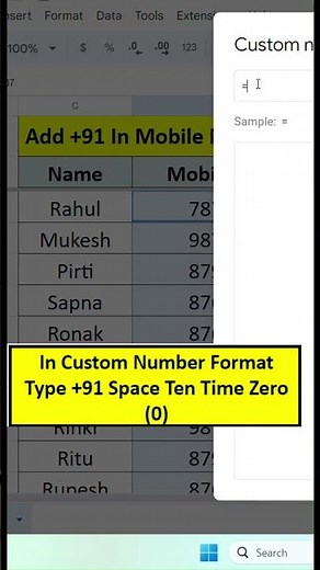 How to add +91 in mobile numbers. set custom number format in google sheet. #exceltips #exceltech