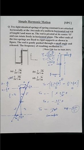 12 Jan Shift 1 JEE Mains 2019 SHM | Two light identical springs of spring constant k are attached ho