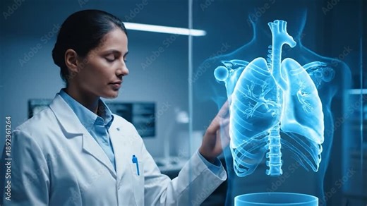 Medical scientist examining digital hologram of human lungs and torso in modern high tech laboratory setting