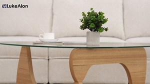 LukeAlon Modern Art Coffee Table, Triangle Geometric Accent Table with Tempered Glass Top & Solid Wood Base for Living Room, Lounge, Office, 32.3" x 22.4" x 16" Natural Wood